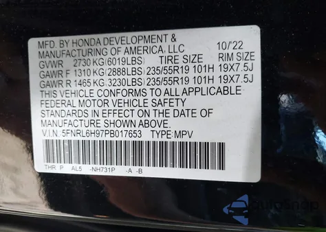 2023 Honda Odyssey Elite z USA, uszkodzony, nr VIN 5FNRL6H97PB017653